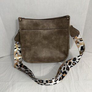HKCLUF Brown Faux Leather Crossbody Bag W/ Leopard Print Strap